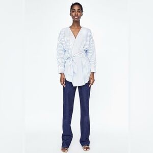 Zara Women Striped Blouse With Waist Bow Tie